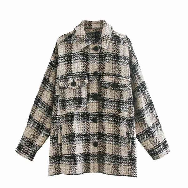 

autumn and winter retro plaid texture loose lapel pockets long sleeve shirt jacket coats womens 210521, Black;brown