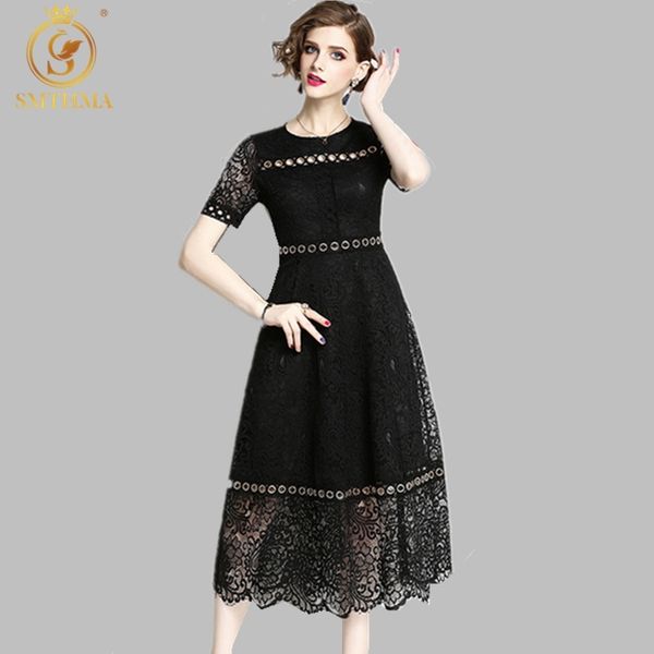 

spring summer runway designer dress womans black white lace patchwork dresses vestidos 210520, Black;gray