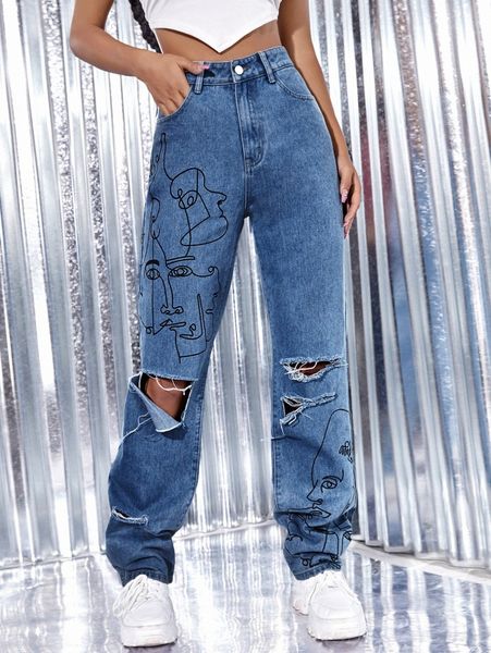 

face line art ripped jeans v1eq#, Blue