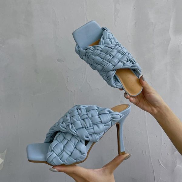 

2021 new brand women slipper summer fashion weave slides ladies thin high heel outdoor dress sandal shoes peep toe mules, Black
