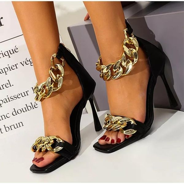 

dress shoes high-heeled women sandals 2021 metal chain square toe thick high heels large size fashion ladies, Black