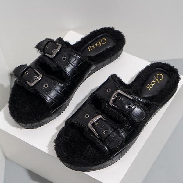 

slippers women 2021 winter home big size furry slides ladies platform plush flip flops shoes female house fur, Black