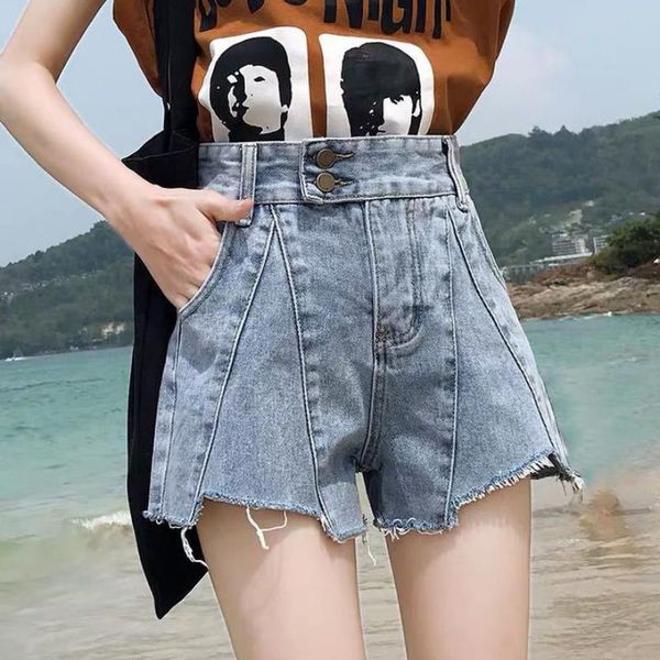 

women's jeans summer jean short fashion high waist frayed hemline ripped a-line loose denim shorts, Blue