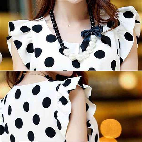 

women summer casual polka dot round neck short sleeve shirt chiffon blouse, White