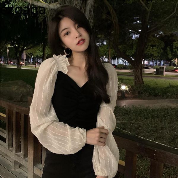 

women's blouses & shirts ezgaga patchwork long sleeve blouse women v-neck vintage contrast 2021 autumn korean fashion ladies elegant bl, White