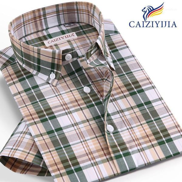 

summer holiday short sleeve plaid checkered cotton shirt pocket-less design standard-fit button-down men's casual gingham shirts1, White;black