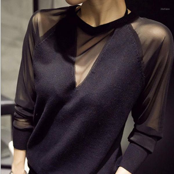 

plus size 3xl women's black perspective net yarn long sleeve blouse fashion slim ladies female tees blouses & shirts, White