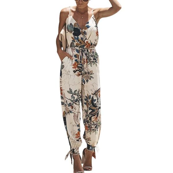 

women's jumpsuits & rompers women summer casual sleeveless v- neck fashion ladies flower print bodysuit wide leg pants long trousers rk, Black;white