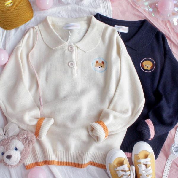 

women's sweaters 2021 cute sweater girl pullover loose student harajuku retro small fresh puppy soft sister lapel wool top, White;black