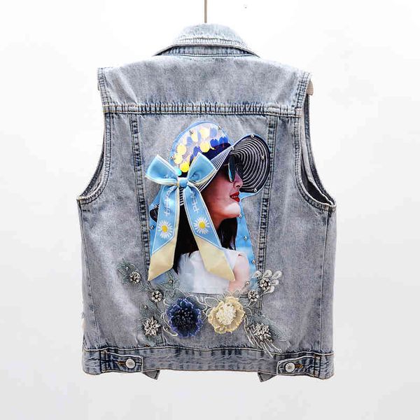 

jacket fashion denim vest women sleeveless jacket coat sequins bow flowers print waistcoat plus size slim short jeans vests female, Black;brown