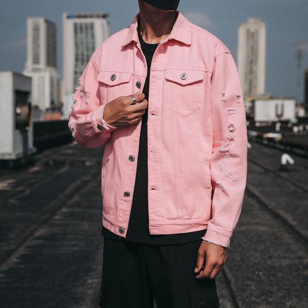 

hoodies autumn men's ripped slim cotton denim jacket pink red white black hole motorcycle jean coats outwear 5xl