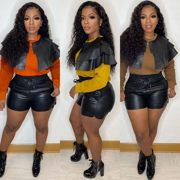 

women's tracksuits fashion neck 2 pieces pu shorts sets women long sleeve patchwork and drawstring, Gray