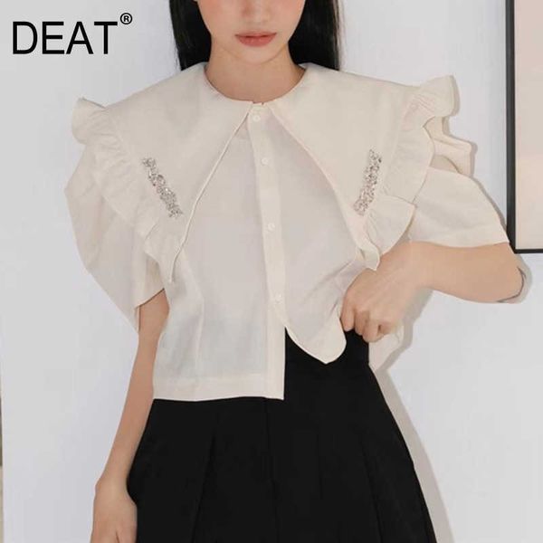 

[deat] summer fashion single-breasted solid color diamonding doll collar elegant chic women shirt 13q327 210527, White