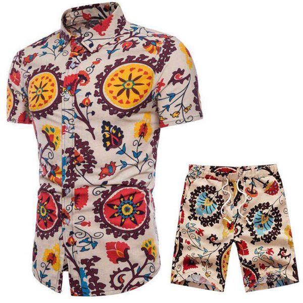 2020 neue Männer Urlaub Set Trainingsanzug Kurze Hose Ethnischen Stil Patchwork Shorts Männlichen Anzug Festival Tragen Slim Fit Blumen Druck hemd X0909