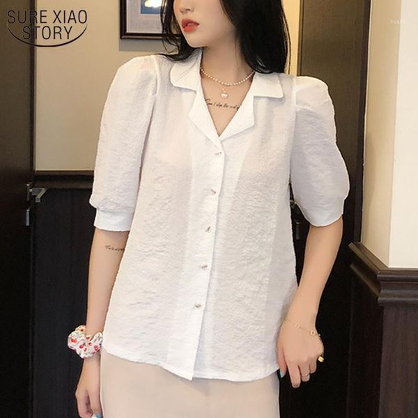 

casual vintage button cardigan blouse women plus size cotton white ladies 2021 summer puff sleeve solid shirt 10110