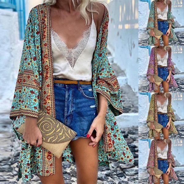 

women's knits & tees autumn floral print open front cardigan women vintage blouse long sleeve for travel, White
