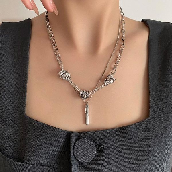 

pendant necklaces vsnow hiphop double-layer chunky chain necklace for women statement thorns tie geometric metal jewellery, Silver