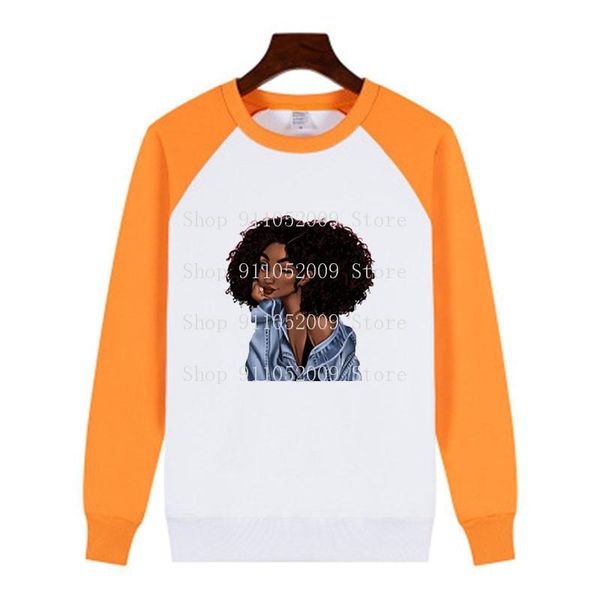 

women's hoodies & sweatshirts printed clothing african curly hair girl print crew neck pullover hoodie women orange sleeves white sweat, Black