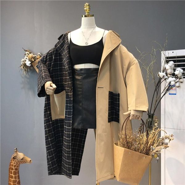 

women's trench coats harajuku plaid hooded coat women autumn korean preppy style long overcoat streetwear split retro casual outerwear, Tan;black