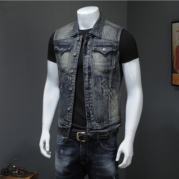 

men's vests vintage punk washed denim single-street man's vest breasted casual 2021 multi-sleeveless cowboy jacket efv7, Black;white