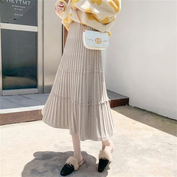 

autumn winter elastic high waist slimming simple versatile stretch casual women knitted big pleated skirt 210527, Black