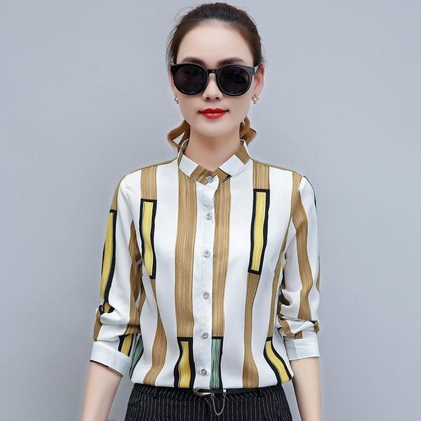 

women spring autumn style chiffon blouses shirts lady casual striped printed stand collar blusas df8843 women's &, White