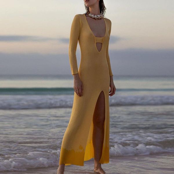 

casual dresses 2021 women dress solid color hollow out knitting split fork high waist long sleeve autumn fashion simplicity, Black;gray