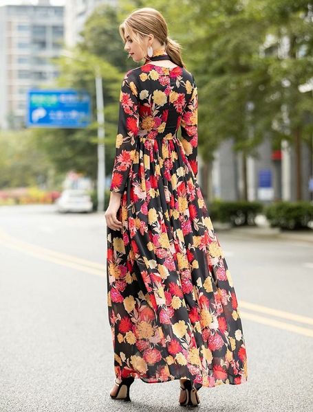 

dresses floor length summer chic fashion women bow collar colorful flower print long sleeve casual beach maxi long lady, Black;gray