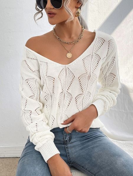 

solid pointelle drop shoulder sweater 80mu#, White