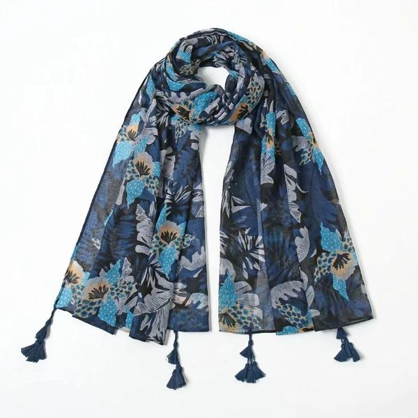 

scarves 2021 fashion leaf print tassel scarf shawls long soft flower pattern hijab wrap 2 color, Blue;gray