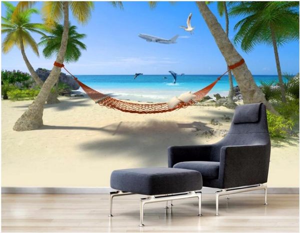 

3d po wallpaper beach coconut tree hammock dolphin view home decor picture living room wall murals for walls 3 d wallpapers