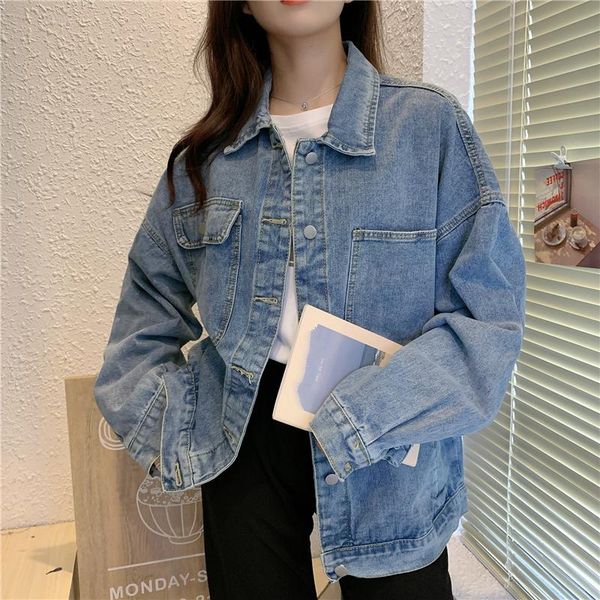 

women denim jacket 2021 korean style spring autumn oversize washed blue jeans coat turn-down collar outwear plus size 5xl women's jacke, Black;brown