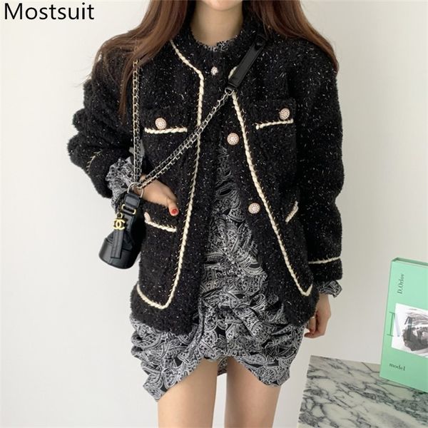 

lambswool korean vintage women jacket coat winter single breasted long sleeve o-neck chains ladies fashion coats femme 210518, Black;brown