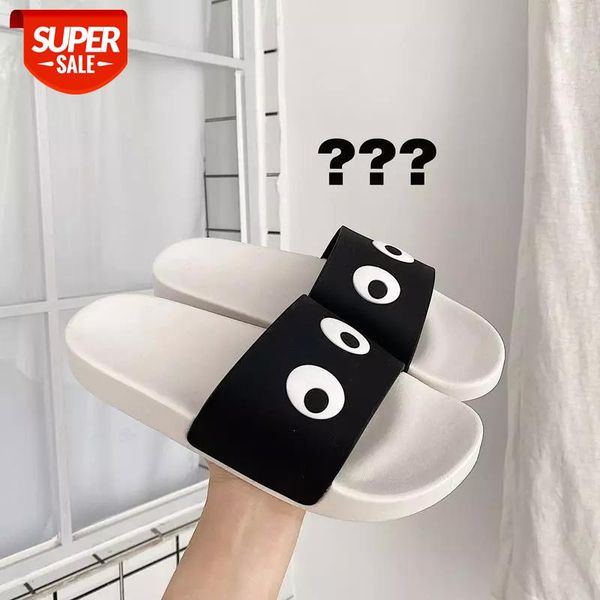

WEH Men Slippers 2020 Summer Cute eye Cartoon men Slides Beach Shoes male Flat Heels Flip Flops indoor room slippers rubber sole #CX6h, Black