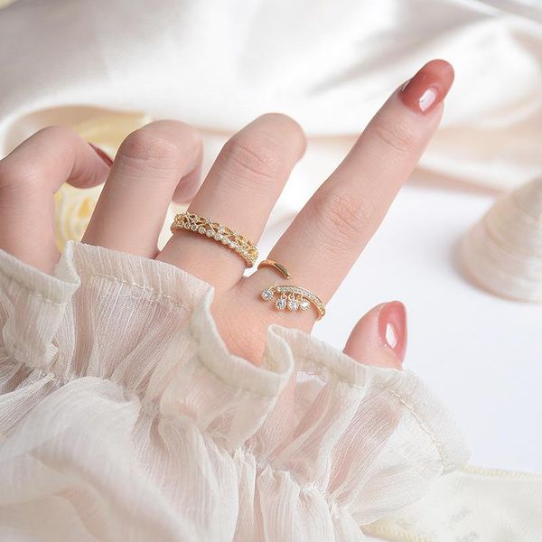

cluster rings exquisite real gold plated open design adjustable luxury shining zircon inlaid engagement finger wedding jewelry, Golden;silver