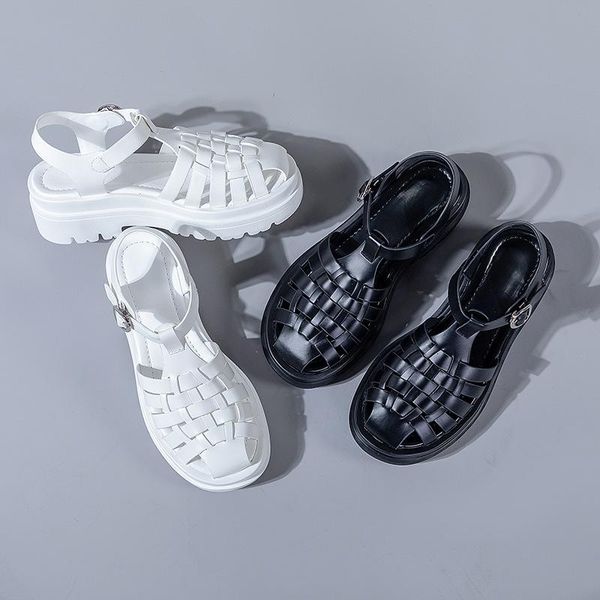 

sandals summer women flats platform shoes beach low-heel round toe weave casual ladies, Black