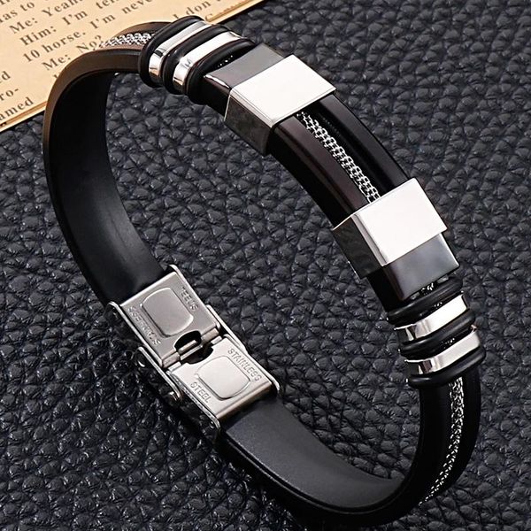 

tennis engraveable men's on hand silicone bracelets 316l stainless steel wrist charm bracelet male mannen armband accessories gift, Golden;silver