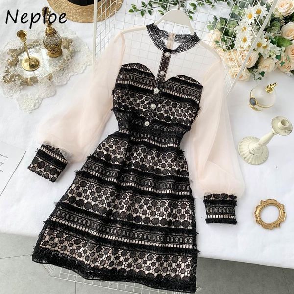 

neploe mesh lace patchwork zipper dress stand collar elegant lantern sleeve femme vestidos pearl chic button dresses women 210423, Black;gray
