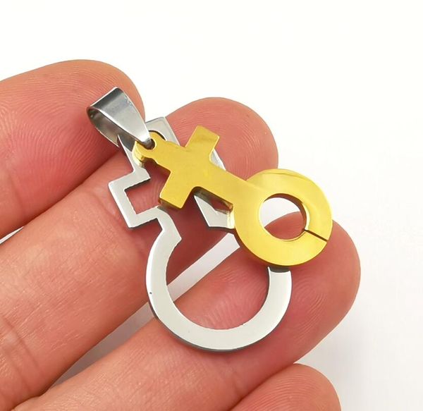 Collana doppio genere in acciaio inossidabile Femmina all'interno simbolo maschile Multi fascino Venere in Marte Segno ciondolo transgender 30''