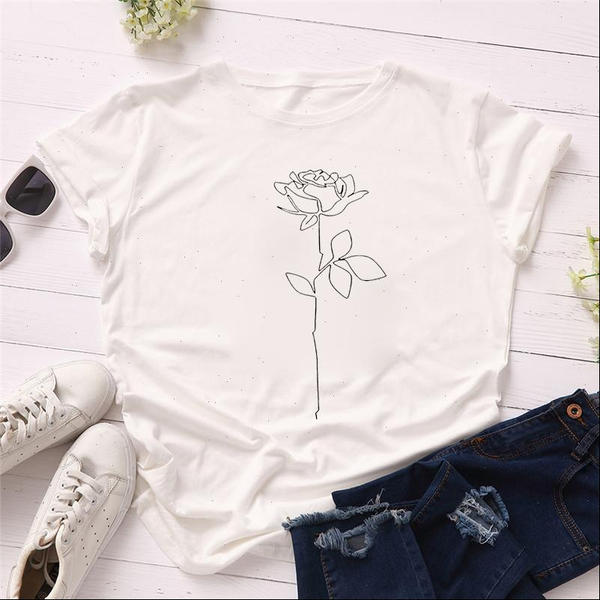 

women t shirts fashion summer short sleeve abstract rose simple line art print girls tee femme o neck polyester, White