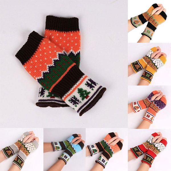 

sports gloves thick half-finger woolen colorful christmas tree printing stylish fingerless knitted women accessories supplies, Black
