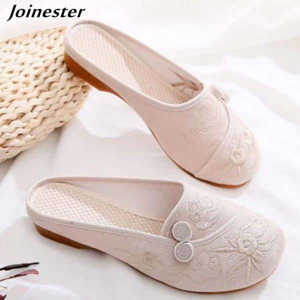 

slippers women summer ladies round toe embroider flat sandals slipper casual loafers walking beach shoes retro canvas slides, Black