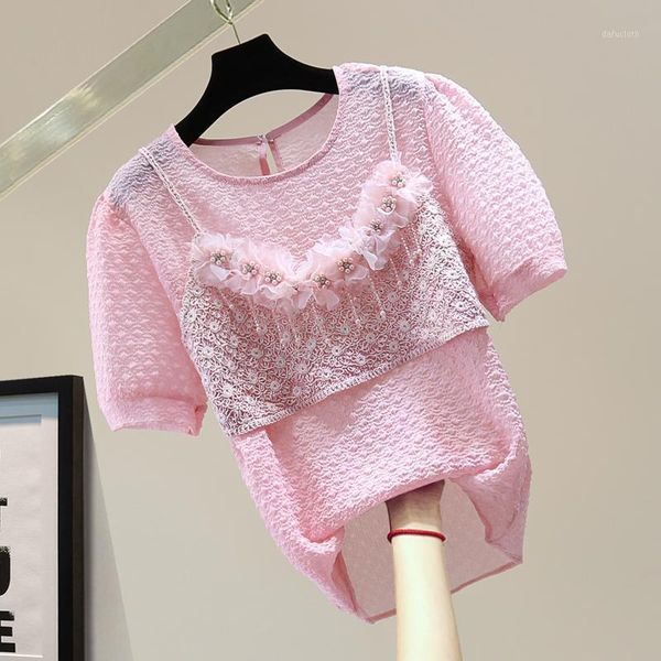 

girls tees pink beads diamond embossed short-sleeved t-shirt 2021 summer tshirt solid color chiffon shirts women t shirt women's, White