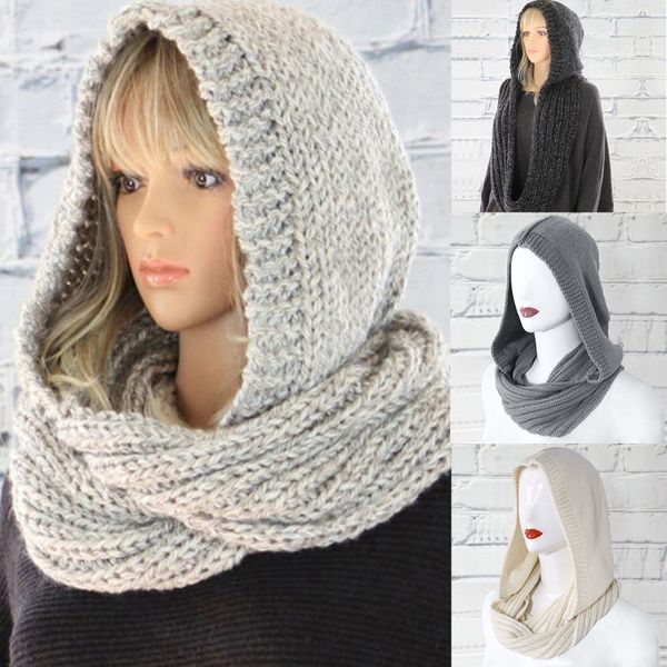 

women winter crochet knit hood infinity scarf outdoor windproof warm long shawl wrap solid color earflap hat neck warmer, Blue;gray