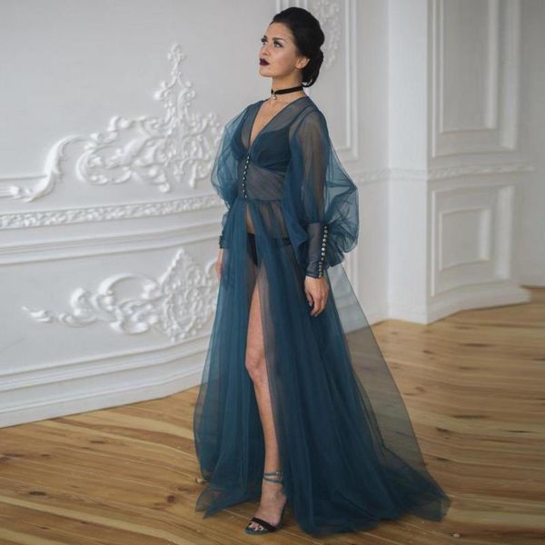 

casual dresses see thru teal bridal night gowns buttons puff sleeves split long tulle mesh maternity robe women dress poshoot, Black;gray