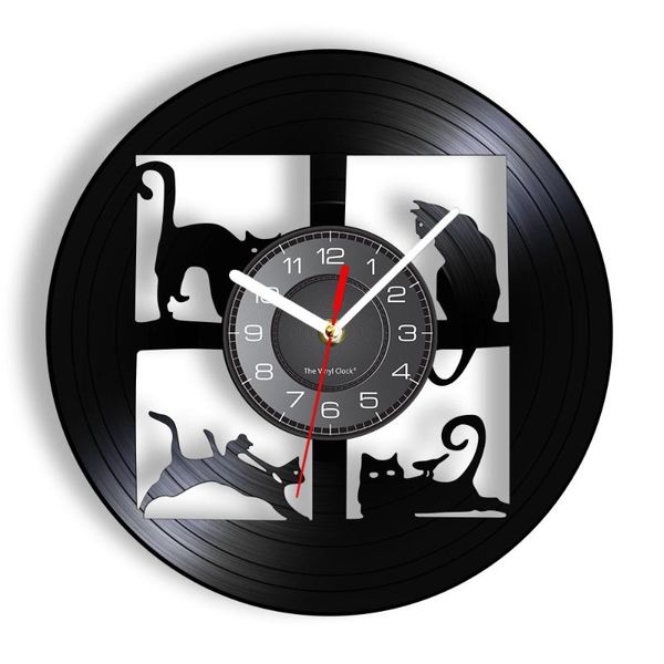 

wall clocks black cat silhouette clock pet kitten animal pane designed watch with led backlight carved record art home decor