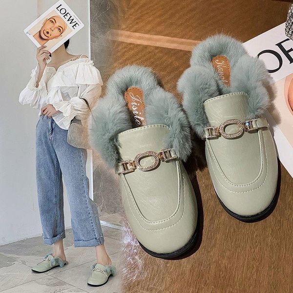 

crystal chain furry slippers women closed toe pantuflas solid turn-over hairy mules shoes female autumn outdoor fur slides 2021, Black