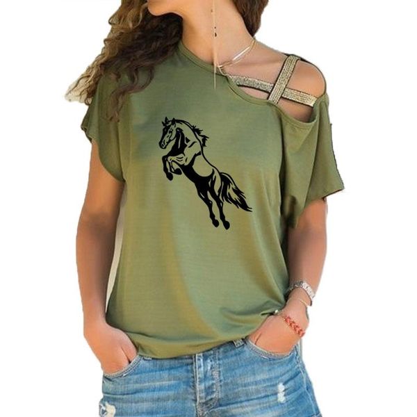 

women's t-shirt jump horse graphic print loose irregular women skew neck cross bandage for female animal lover gift, White