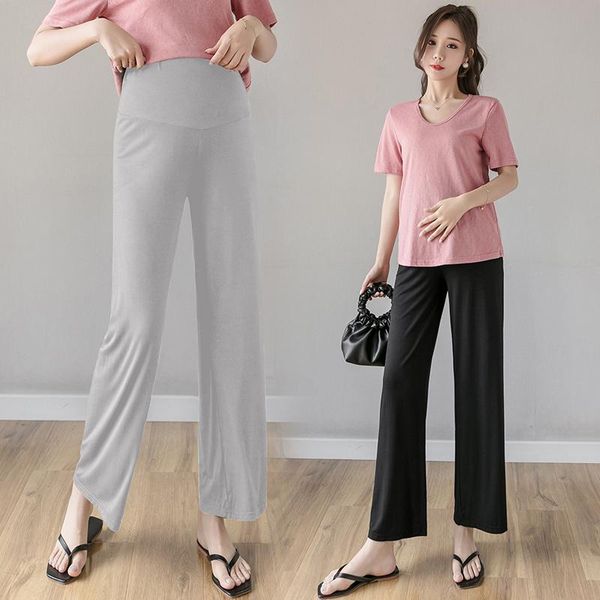 

218# maternity pants summer solid color loose comfy belly support elastic waist casual trousers bottoms, White