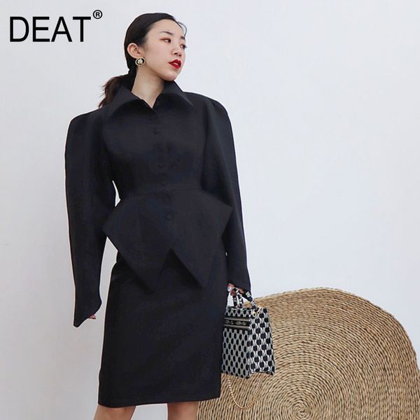 

[deat] lapel collar puff sleeve single breasted knee-length black skirt two piece set women y2k cothes spring gx206 210428, White